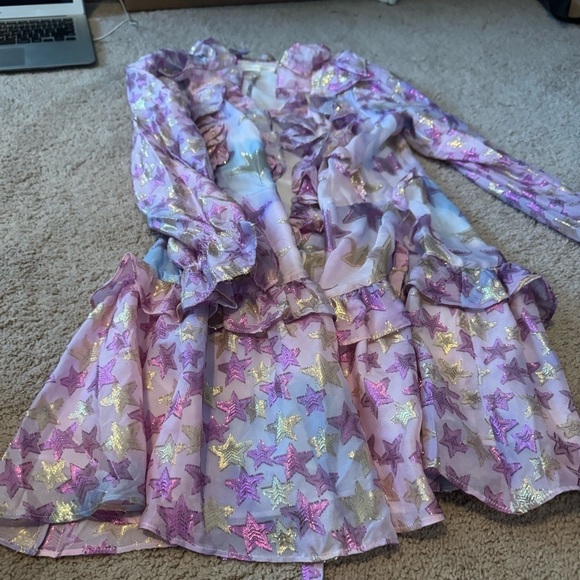 Loveshackfancy-NWT Purple Metallic Star FindlayLongsleeve Ruffle Wrap Mini Dress - Picture 11 of 11